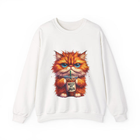 White sweatshirt with a graphic of a cat holding a coffee cup and 'Need My Java' text on a white background.