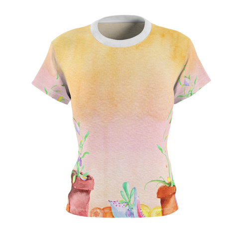 Watercolor Pink Yellow Potted Plants Women's Cut & Sew Tee (AOP)