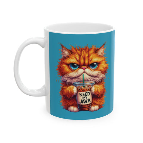 Grouchy Tabby Cat Coffee Mug Funny Angry Kitty Cup | Need My Java Morning Gift