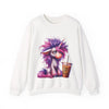 White sweatshirt with a colorful unicorn design and a coffee cup graphic on a white background