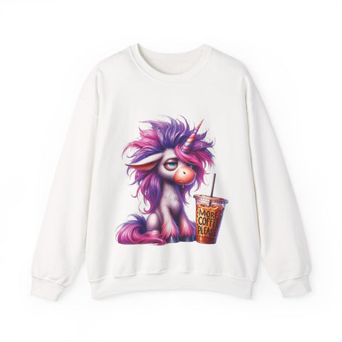 White sweatshirt with a colorful unicorn design and a coffee cup graphic on a white background
