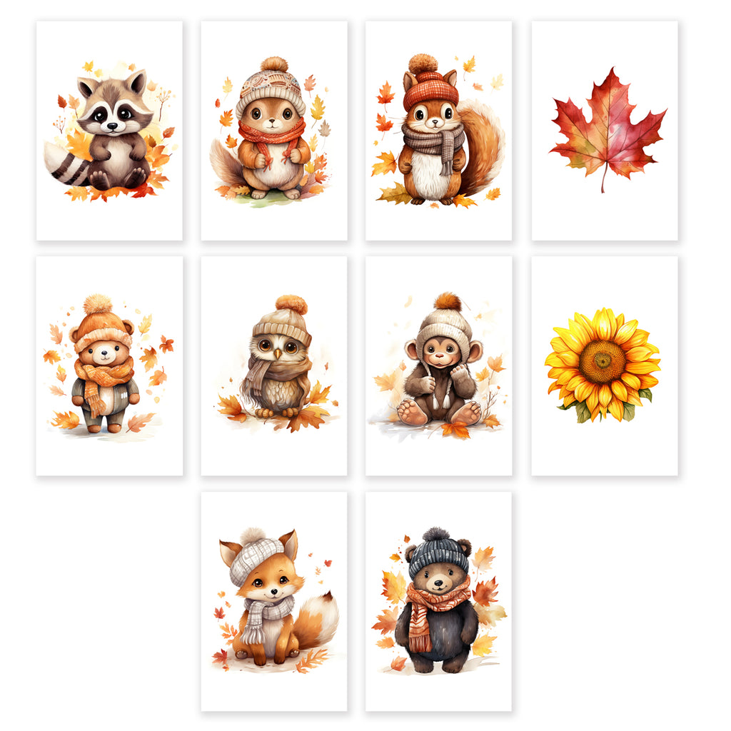 10 Handmade Autumn Animals – Blank Inside – Folded 4x6 Every Occasion Cards with White Envelopes