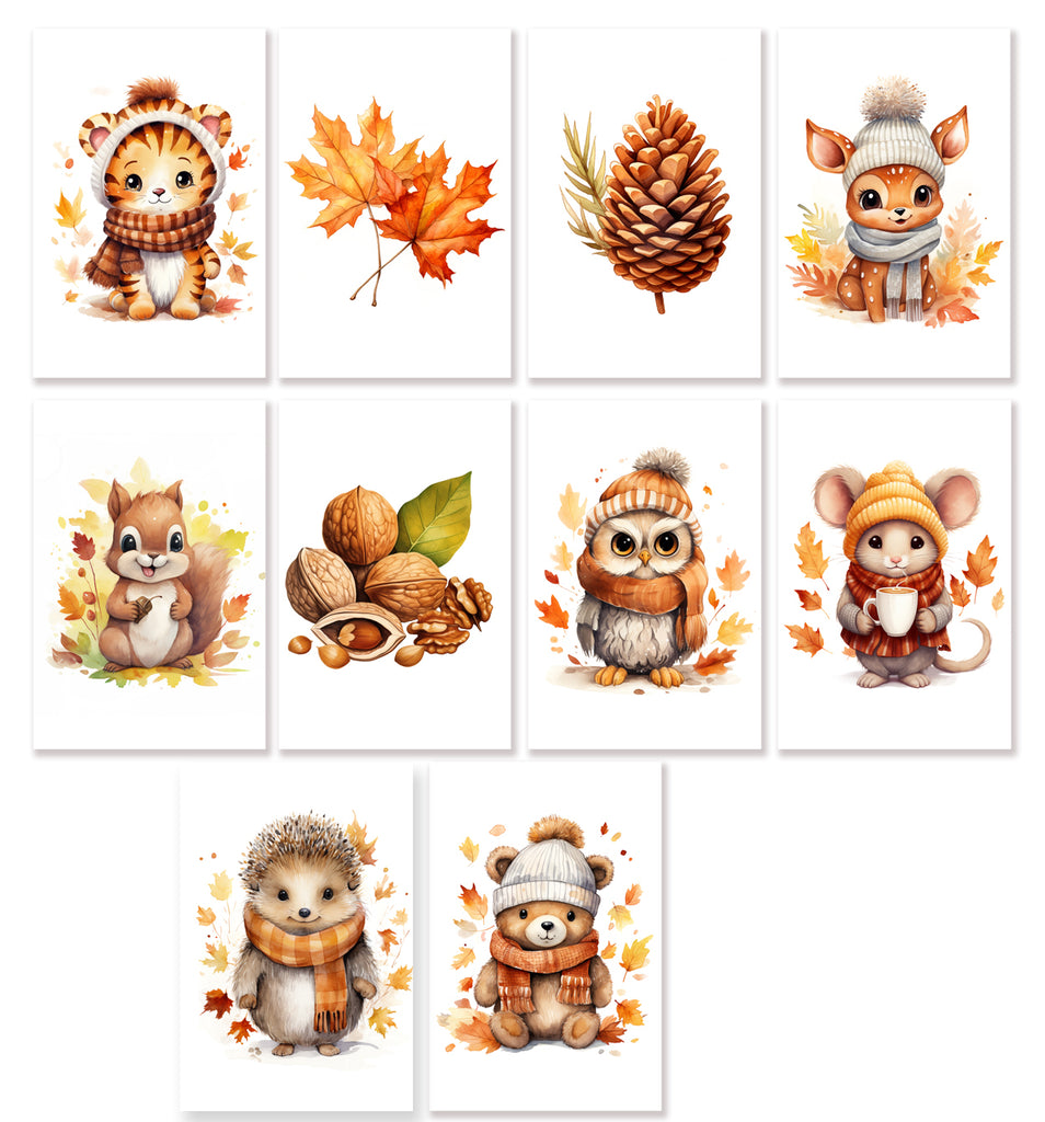 10 Handmade Autumn Animals – Blank Inside – Folded 4x6 Every Occasion Cards with White Envelopes
