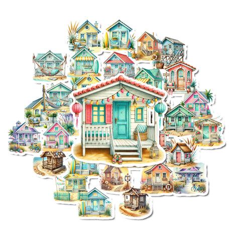 Collection of colorful beach house illustrations on a white background
