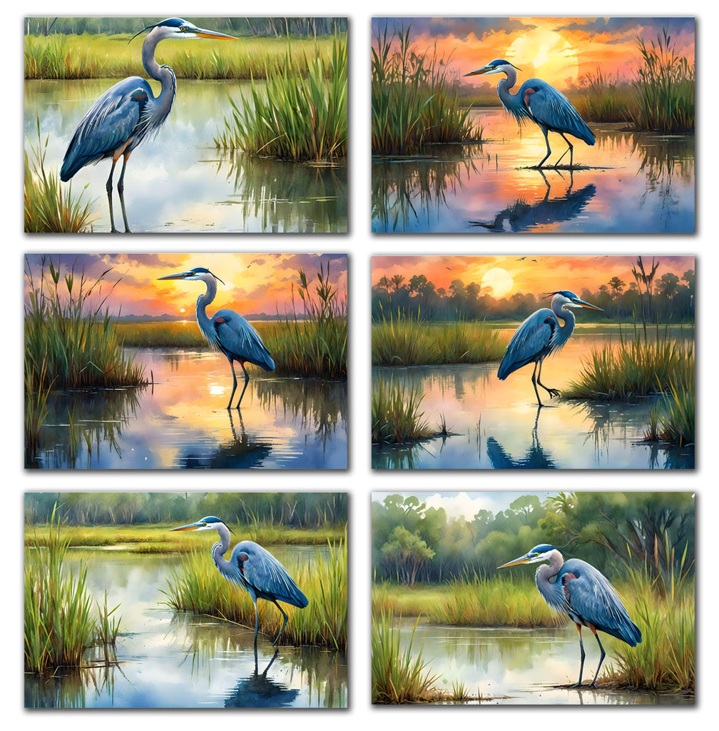 6 Handmade Blue Herons – Blank Inside – Folded 4x6 Every Occasion Cards with White Envelopes