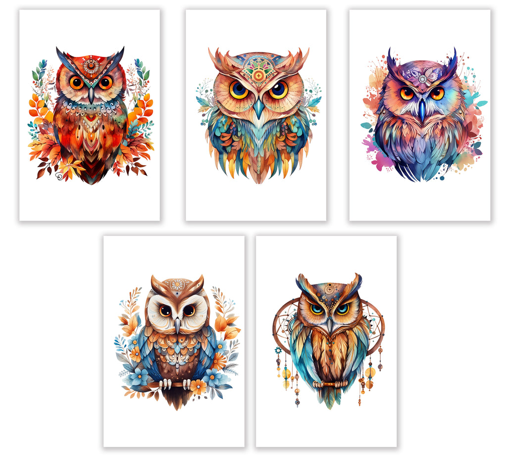 10 Handmade Watercolor Boho Owl Notecards – Blank Inside – Folded Every Occasion Cards with White Envelopes