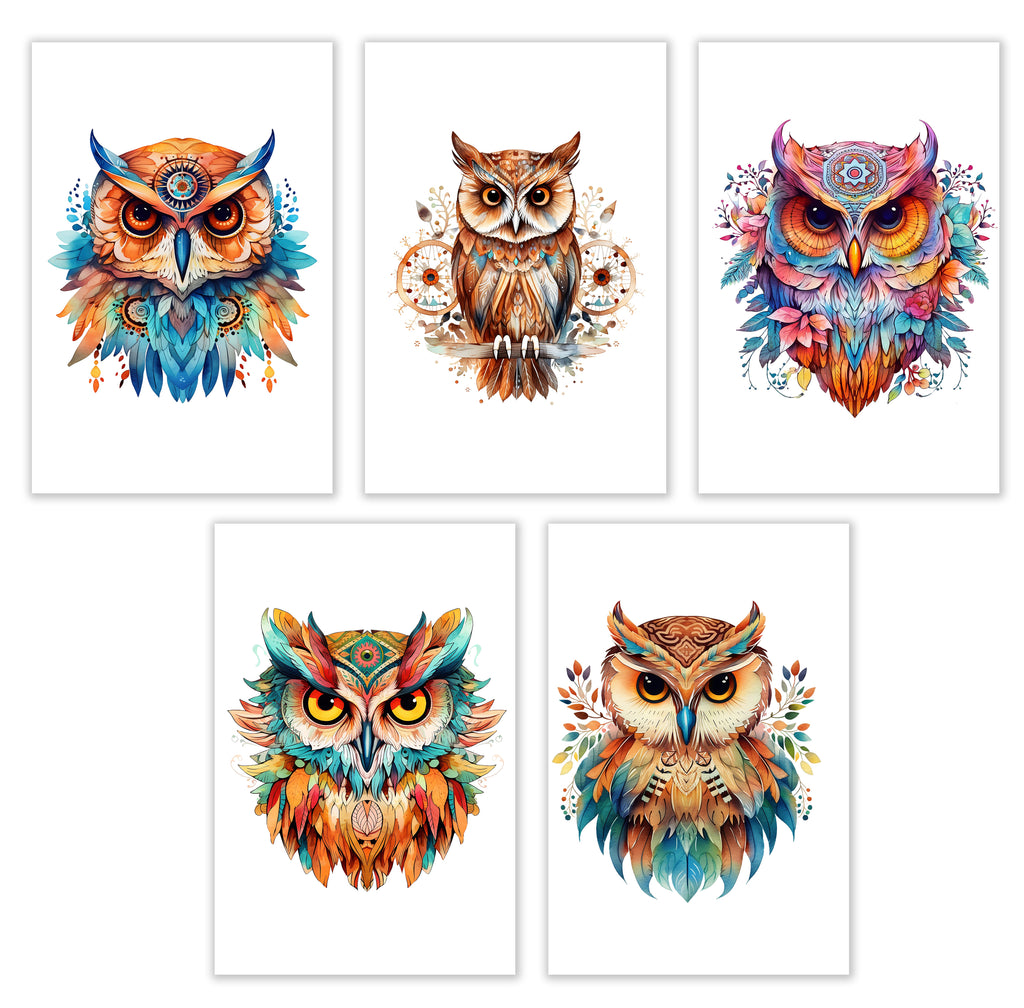 10 Handmade Watercolor Boho Owl Notecards – Blank Inside – Folded Every Occasion Cards with White Envelopes