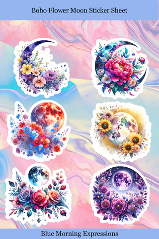Boho Flower Moon Sticker Sheet with colorful designs on a pastel background