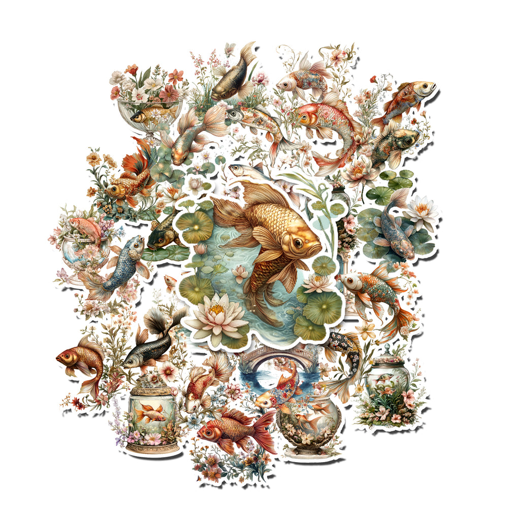 Decorative letter 'O' with goldfish, flowers, and decorative elements on a white background