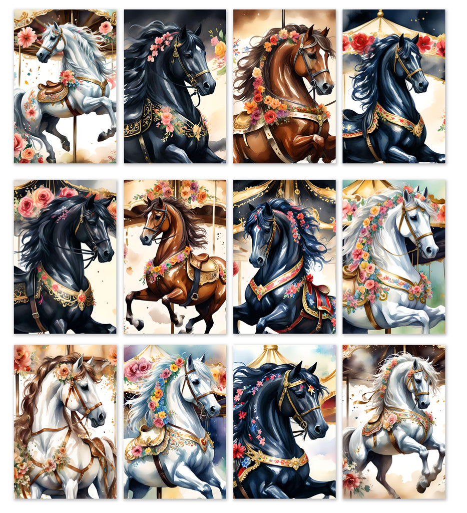 12 Handmade Carousel Horses – Blank Inside – Folded 4x6 Every Occasion Cards with White Envelopes