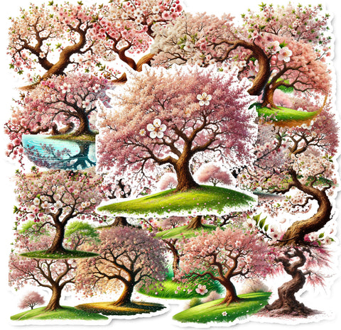 Collage of cherry blossom trees with pink blossoms on a white background