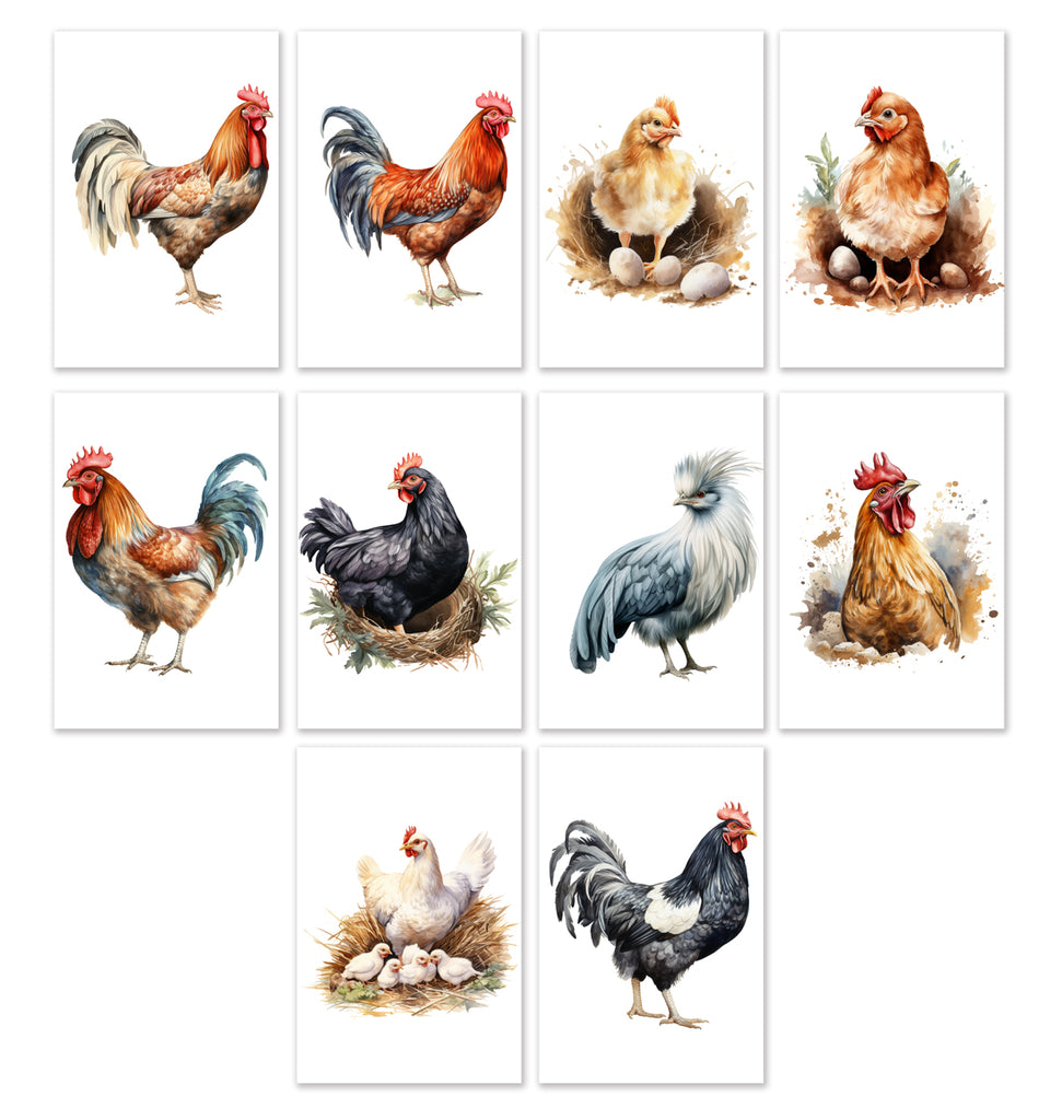 10 Handmade Chickens – Blank Inside – Folded 4x6 Every Occasion Cards with White Envelopes