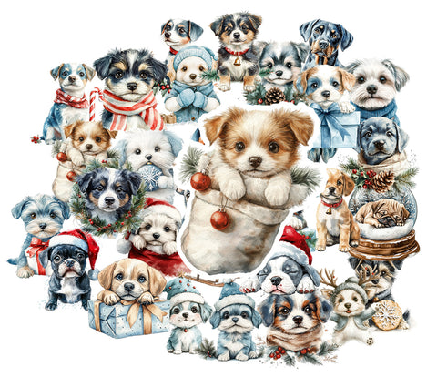 Collage of various puppies dressed in winter clothing with Christmas decorations.