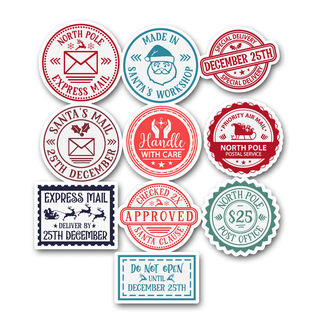 Collection of festive-themed stamps with Santa Claus and Christmas elements on a white background.