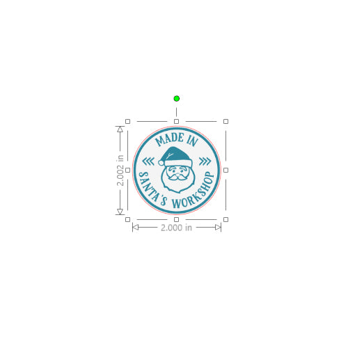 Circular logo with 'Made in Santa's Workshop' text and a beard icon, surrounded by measurement details on a white background.