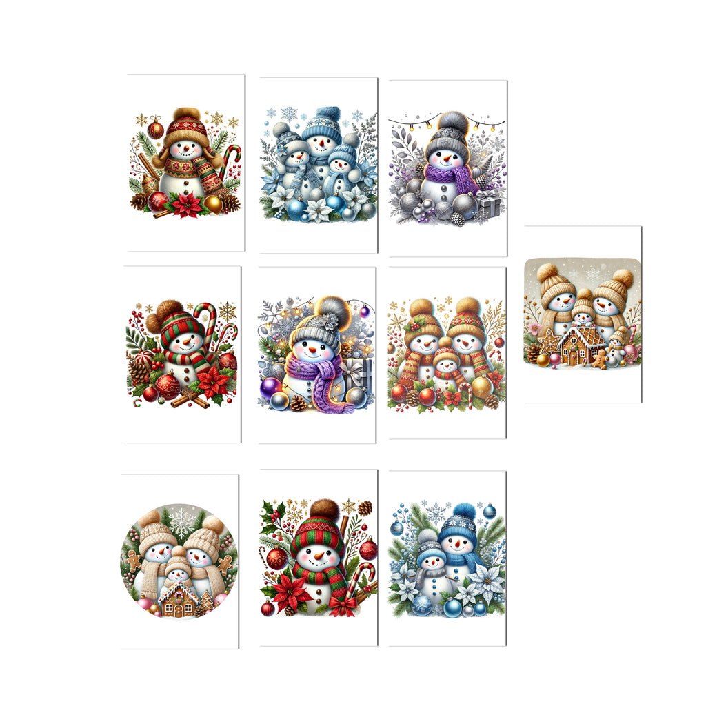 Set of Christmas-themed cards with snowmen and winter elements on a white background