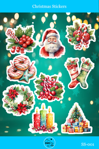 Collection of Christmas-themed stickers on a teal background with blurred lights.