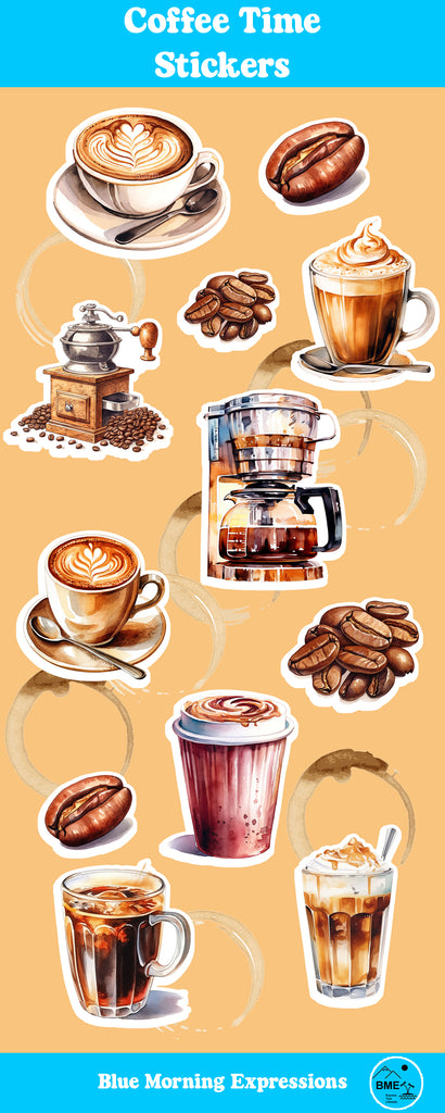 Coffee-themed stickers with coffee cups, beans, and a coffee machine on a beige background.