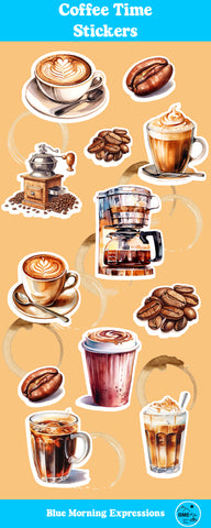 Coffee-themed stickers with coffee cups, beans, and a coffee machine on a beige background.