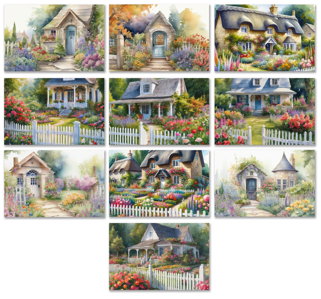 10 Handmade Cottage Gardens – Blank Inside – Folded 4x6 Every Occasion Cards with White Envelopes