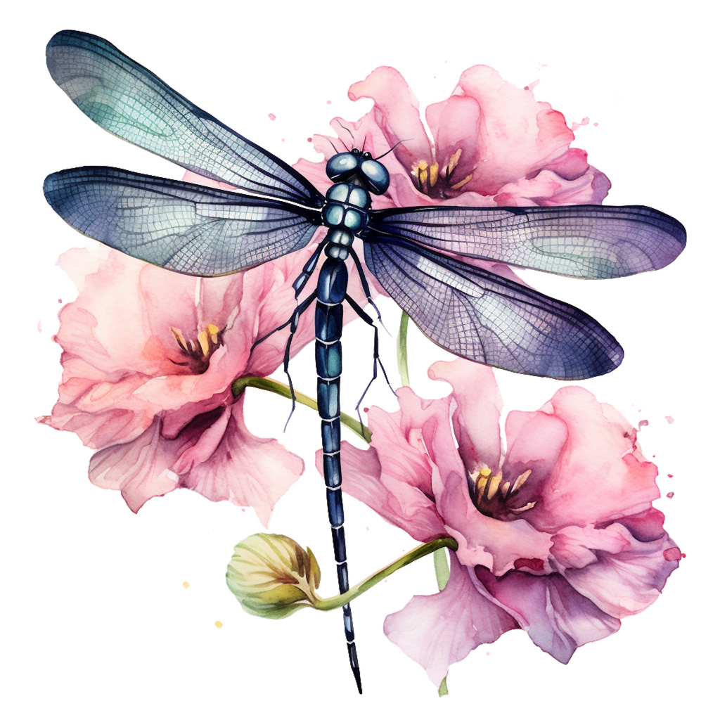 Handmade stickers pink flower dragonfly