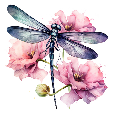 Handmade stickers pink flower dragonfly