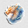 Sticker of a dragon with orange and blue colors on a textured gray background