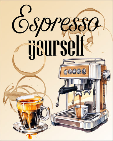 Wall Art Prints Unframed
8x10 “Espresso Yourself” Wall Art – Pale Brown Background with Coffee Stains &amp; Espresso Machine, Matte Print, Ready to Hang, Shipped Flat