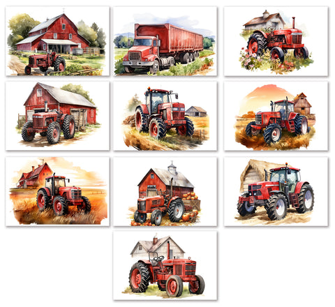 10 Handmade Farm Tractors – Blank Inside – Folded 4x6 Every Occasion Cards with White Envelopes