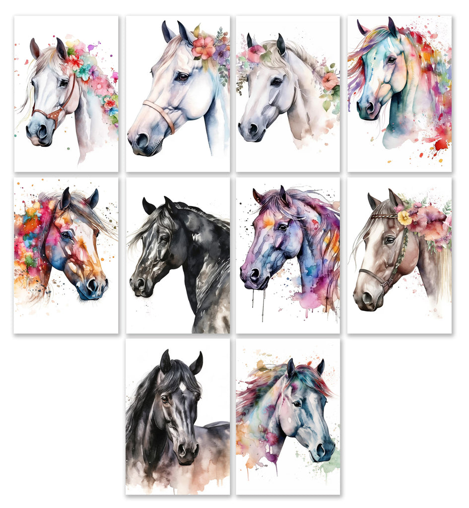 10 Handmade Floral Horses – Blank Inside – Folded 4x6 Every Occasion Cards with White Envelopes