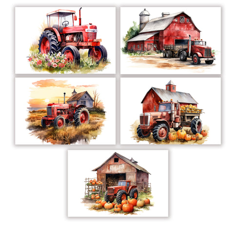 10 Handmade Farm Tractors – Blank Inside – Folded 4x6 Every Occasion Cards with White Envelopes