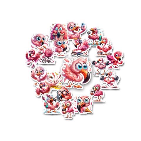 Set of cartoon flamingo stickers on a white background