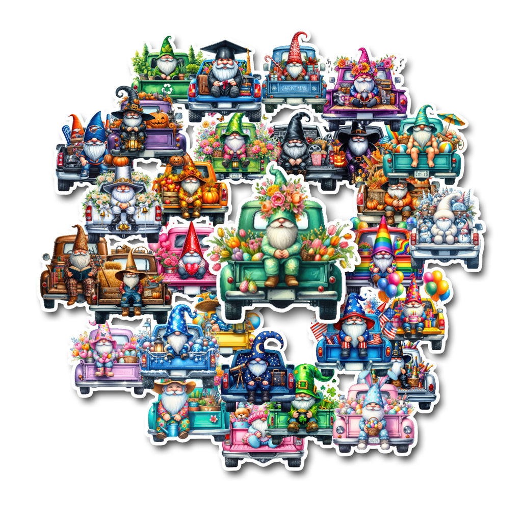 Collection of colorful gnome stickers with various vehicles on a white background