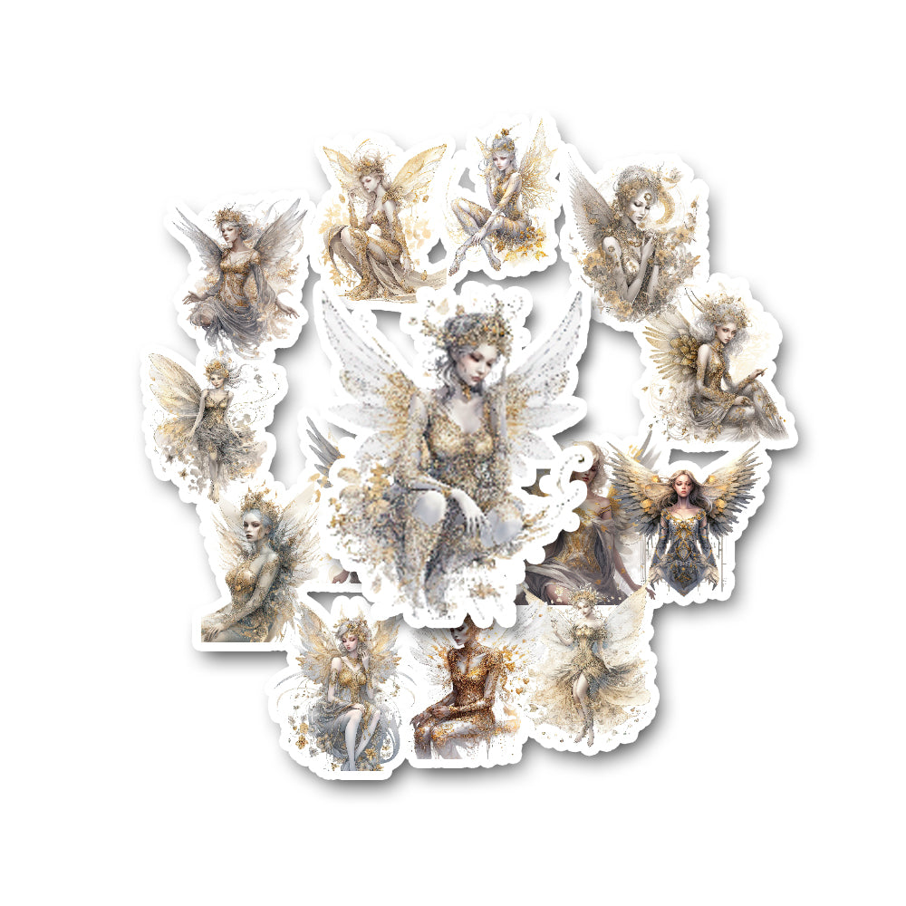 Set of fairy stickers with detailed designs on a white background