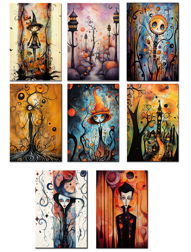 Set of eight colorful Halloween-themed paintings on a white background