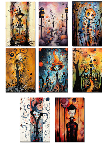 Set of eight colorful Halloween-themed paintings on a white background