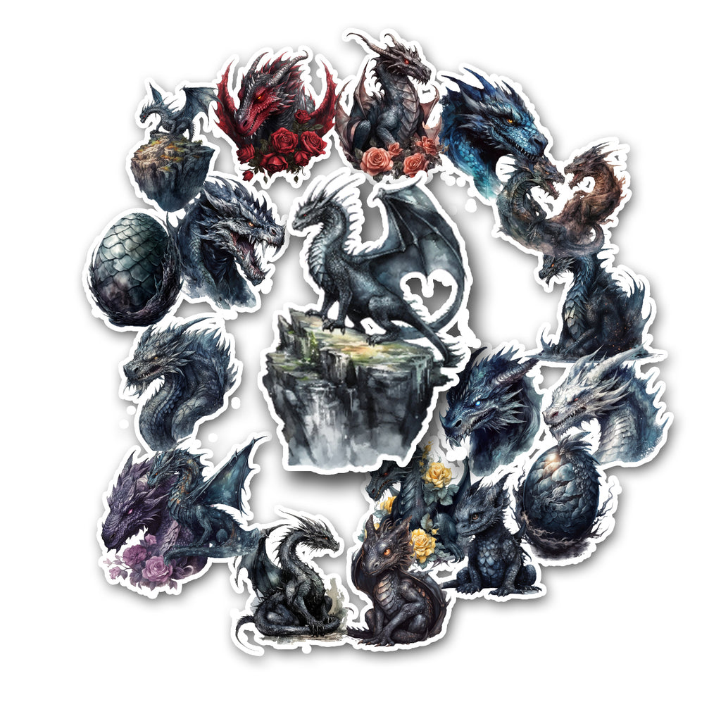 Set of dragon stickers arranged around a central image on a white background