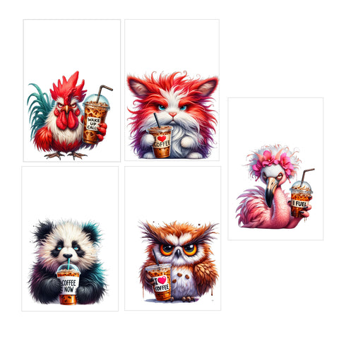 10 Handmade Grumpy Coffee Animals – Blank Inside – Folded 4x6 Every Occasion Notecards with White Envelopes