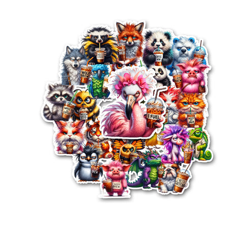 Collage of colorful animal stickers with various designs on a white background