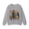 Gray sweatshirt with Halloween-themed design featuring ghost, black cat, skeleton, and owl on a white background.