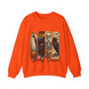Orange sweatshirt with Halloween-themed design featuring ghost, cat, pumpkin, skeleton, and crow on a white background.