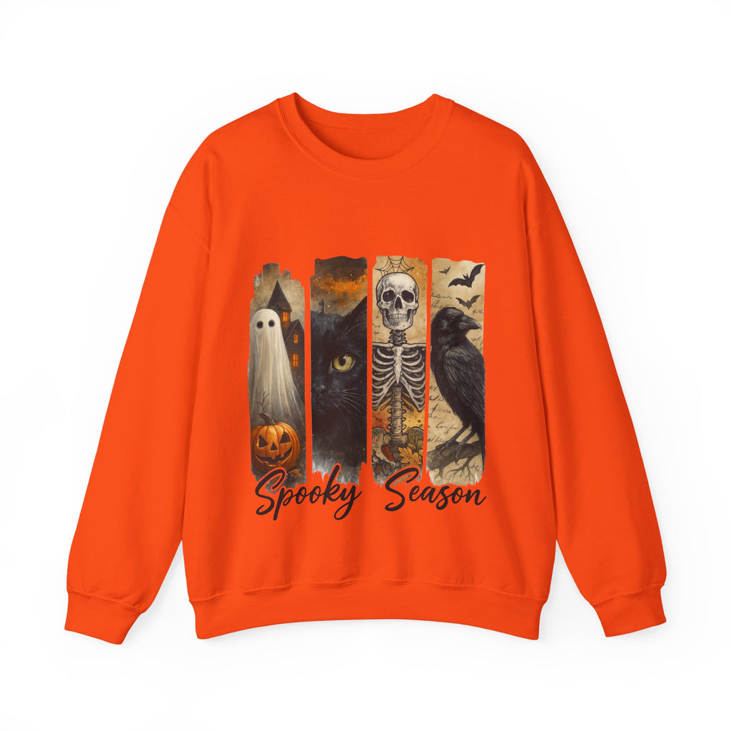 Orange sweatshirt with Halloween-themed design featuring ghost, cat, pumpkin, skeleton, and crow on a white background.