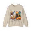 Beige sweatshirt with Halloween-themed design and text on a white background