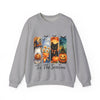 Gray sweatshirt with Halloween-themed design and text on a white background