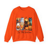 Orange sweatshirt with Halloween-themed design featuring cats, pumpkins, and text on a white background