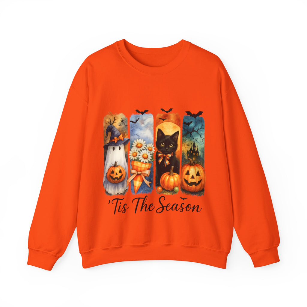 Orange sweatshirt with Halloween-themed design featuring cats, pumpkins, and text on a white background