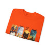 Folded orange t-shirt with Halloween-themed design on a white background
