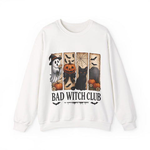 White sweatshirt with Halloween-themed design featuring a black cat, ghost, and pumpkins on a white background.