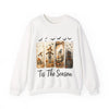 White sweatshirt with Halloween-themed design and 'Tis The Season text on a white background