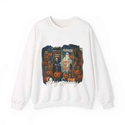White sweatshirt with Halloween-themed design on a white background